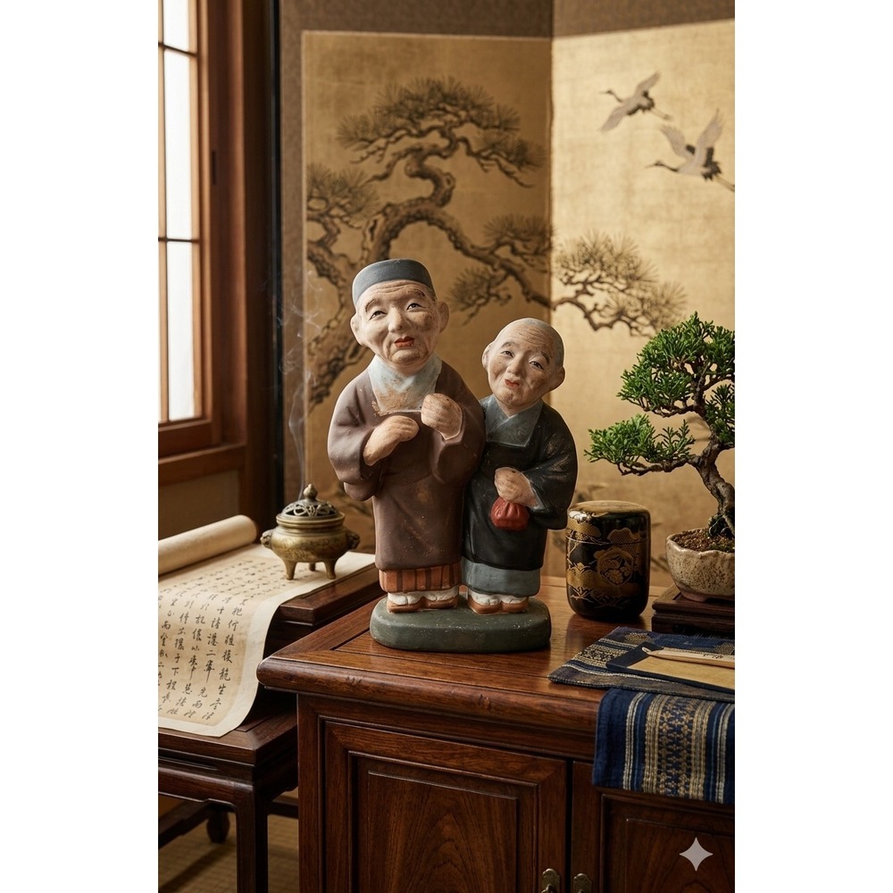 Vintage Japanese Hakata Urasaki Clay Doll Figurine Elderly Couple Traditional - Picture 2 of 10